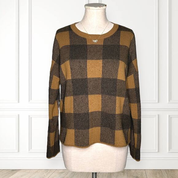 MADEWELL Merino Wool Alpaca Sweater Inkcheck Plaid Golden Brown Cozy Relaxed M - Picture 1 of 9